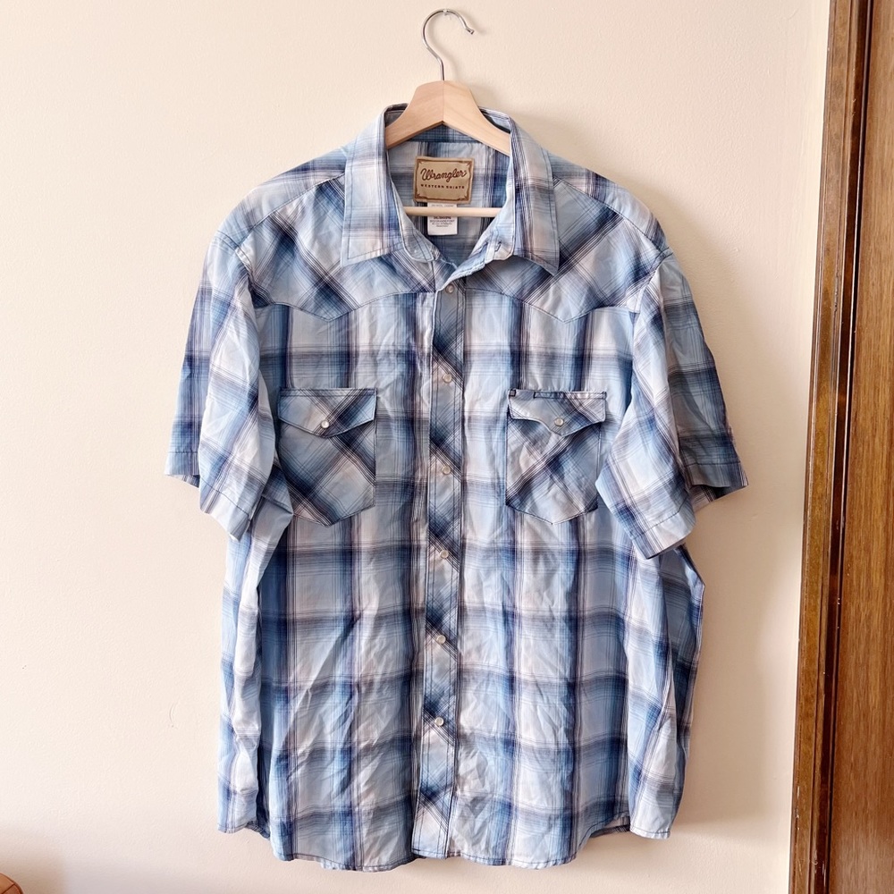 Wrangler Western Men's XXL Blue Gray White Plaid S/S Pearl Snap Cowboy Shirt